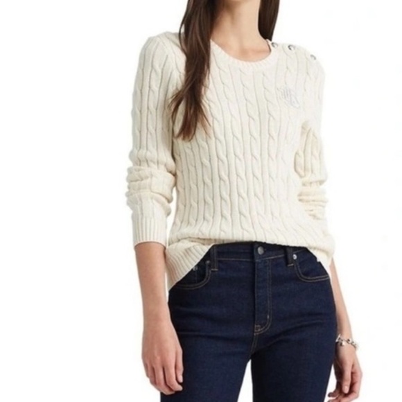 Ralph Lauren Off White Cable Knit Sweater, Crew Neck, Monogram,Silver Buttons, M - Picture 16 of 16